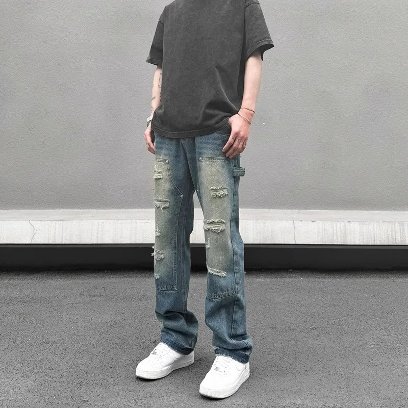 high street distressed black hole washed destroyed jeans casual ripped logging pants straight wide leg denim pants for men unique jeans style 92