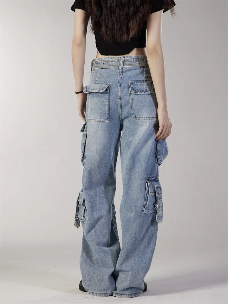 fashion loose streetwear cargo denim jeans unisex casual multi pocket straight jean pants with belt hip hop joggers baggy jeans unique joggers style 3709