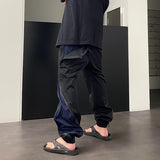nylon deconstructed zipper up splicing cargo pant for mens black overalls streetwear function bilayer slim fit joggers pants sporty tapered joggers