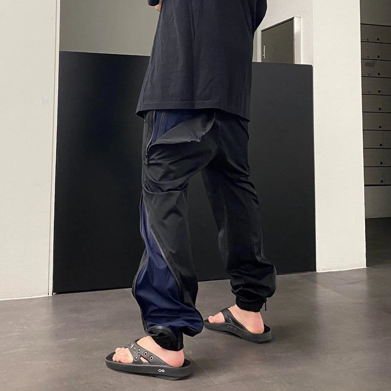 nylon deconstructed zipper up splicing cargo pant for mens black overalls streetwear function bilayer slim fit joggers pants sporty tapered joggers