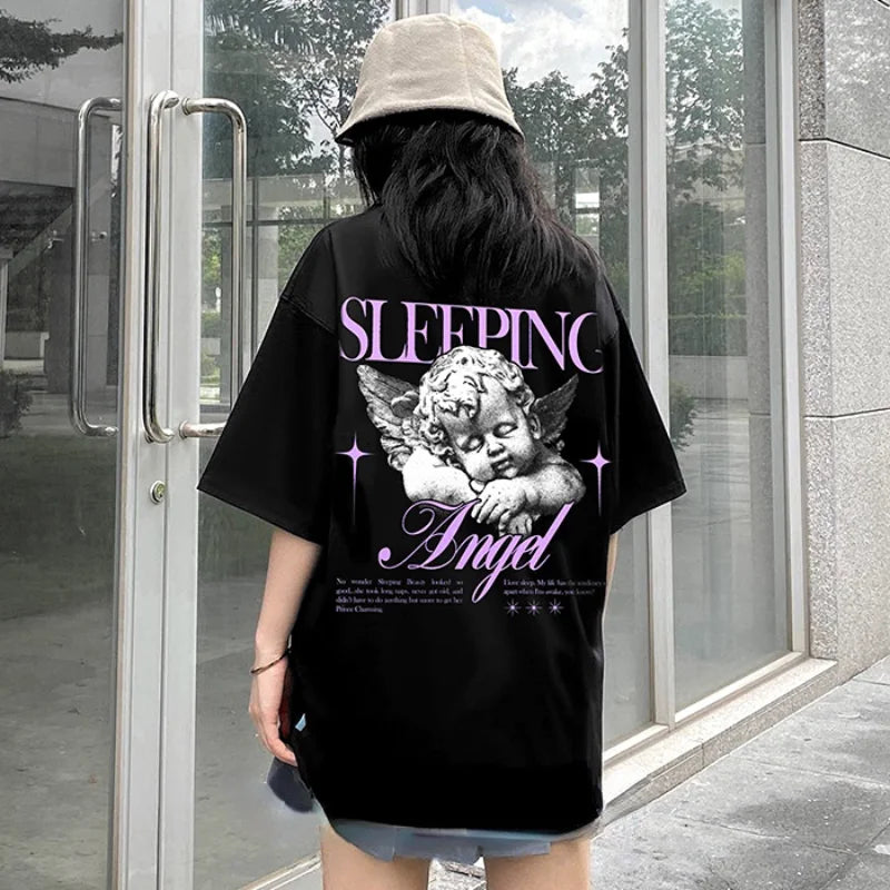 Trapwear Anime panel – Harajuku Sleeping Angle Printed Streetwear T Shirt Men Hip H