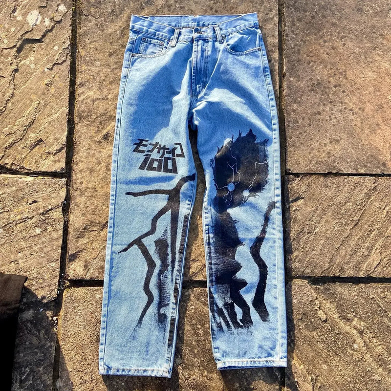 harajuku popular anime kokushibo print baggy jeans new style wide leg trouser y2k streetwear for men women high waist pants unique jeans style 4324