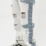 mens high street denim jean pants casual loose destroyed ripped holes straight jeans side patchwork hip hop streetwear joggers unique joggers style 2750
