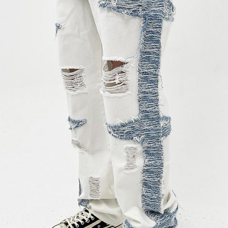mens high street denim jean pants casual loose destroyed ripped holes straight jeans side patchwork hip hop streetwear joggers unique joggers style 2750