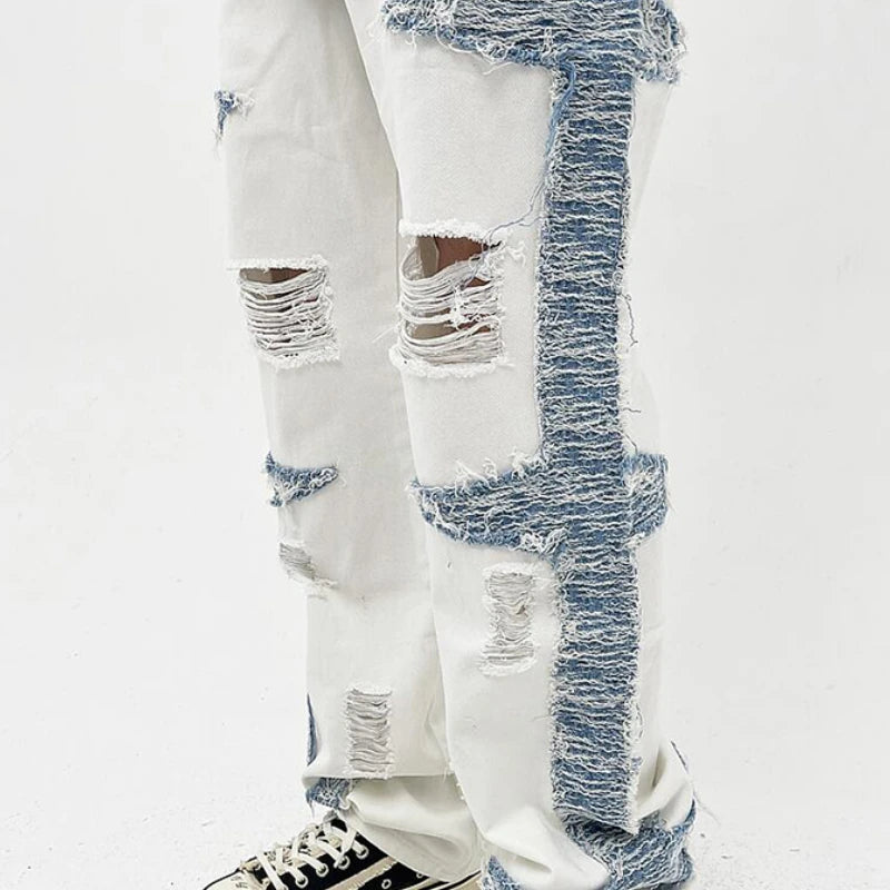 mens high street denim jean pants casual loose destroyed ripped holes straight jeans side patchwork hip hop streetwear joggers urban active pants