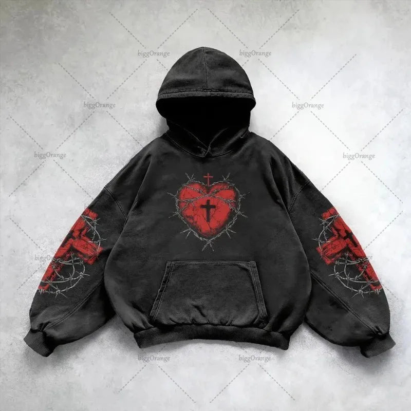 Gothic Punk Style Y2K Harajuku Retro Hoodie Cross Hip-hop Casual Loose Oversized Sweatshirt