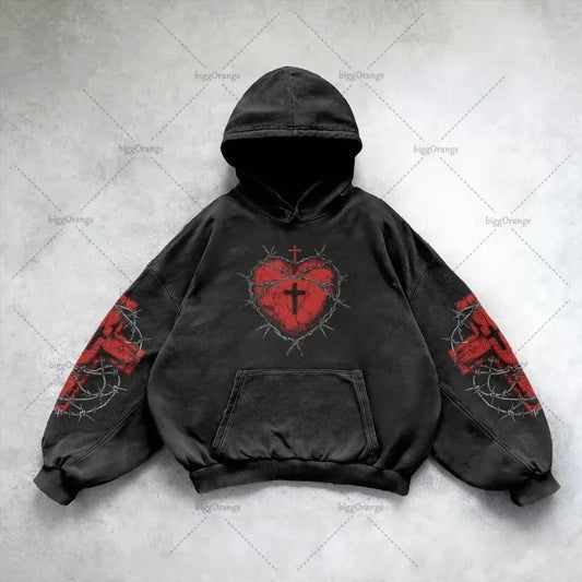 Gothic Punk Style Y2K Harajuku Retro Hoodie Cross Hip-hop Casual Loose Oversized Sweatshirt