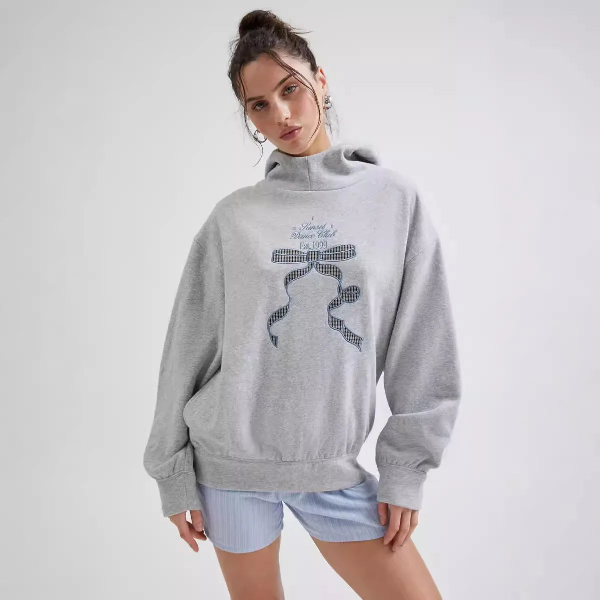 Y2k Long Sleeved Pullover Hoodie Cartoon Bow Embroidery Tops Streetwear Vintage Hoodie School Outfit Punk