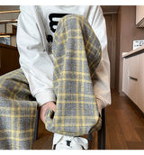 mens plaid pants baggy winter trendy fleece loose straight wide leg mopping trousers unisex thick velvet warm long pants unique default style 1115