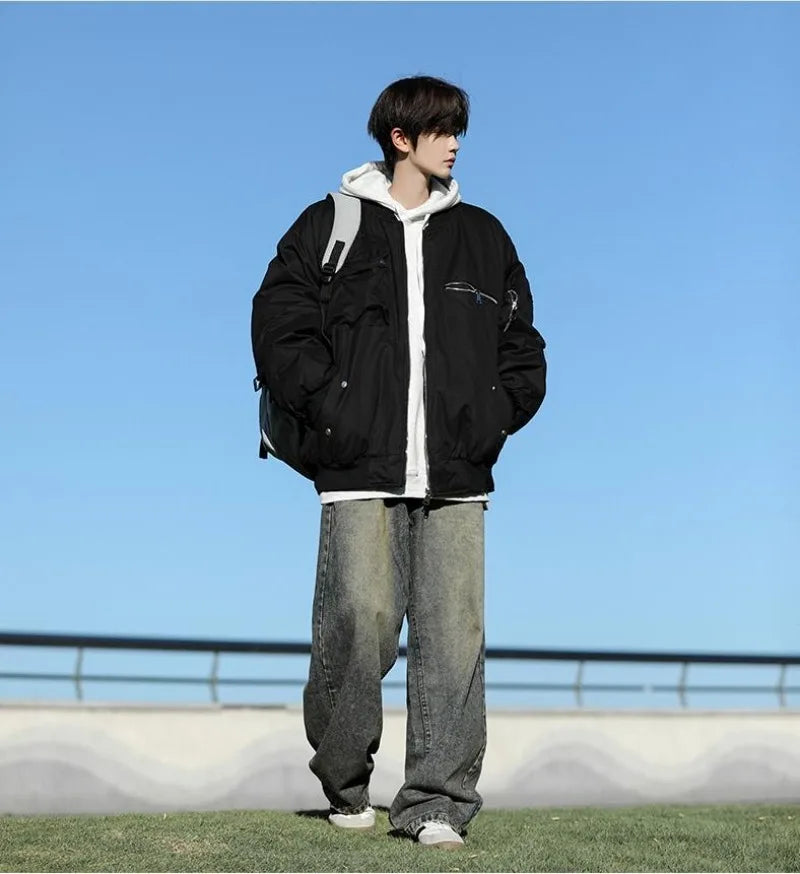 High Street Pilot Cotton Jackets Mens Thickening Winter Tooling Trendy Profile Warm Bomber Coats Unisex Baseball Collar Parkas