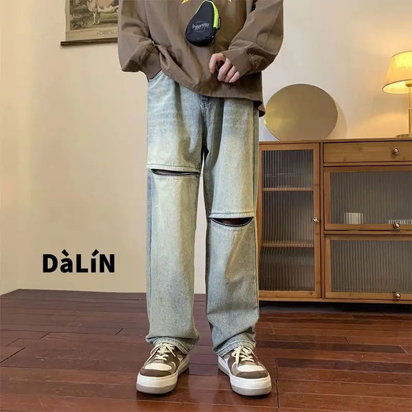 2023 summer new fashion jeans mens couples loose washed wide leg casual trousers boutique clothing simple style jeans for men stacked flare jeans