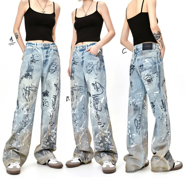 men baggy jeans graffiti printed loose straight denim pants luxury designer jeans male streetwear hip hop jeans trousers y2k stacked flare jeans