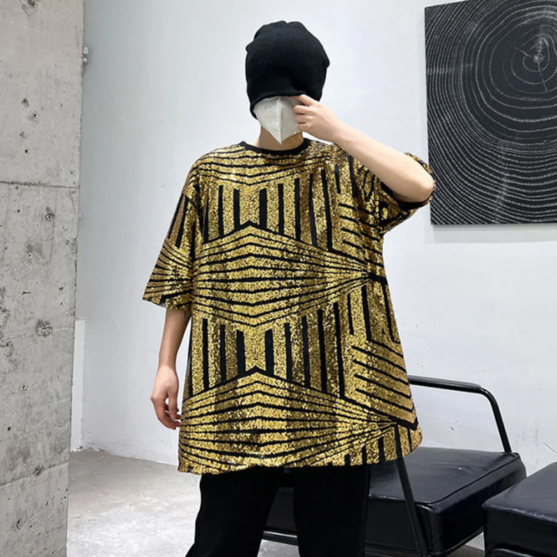Y2k Anime panel – Mens T Shirt Gold Sequin Performance Costumes Fashion Street