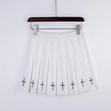 2024 Women Harajuku Sweet Fresh Feeling High Waist Pleated Skirt Elastic Waist Cross Embroidery Skirt black skirt Pleated Skirt