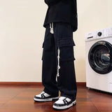 american retro and personalized straight leg jeans for men and women with hiphop big pocket design work pants loose casual pants unique jeans style 759