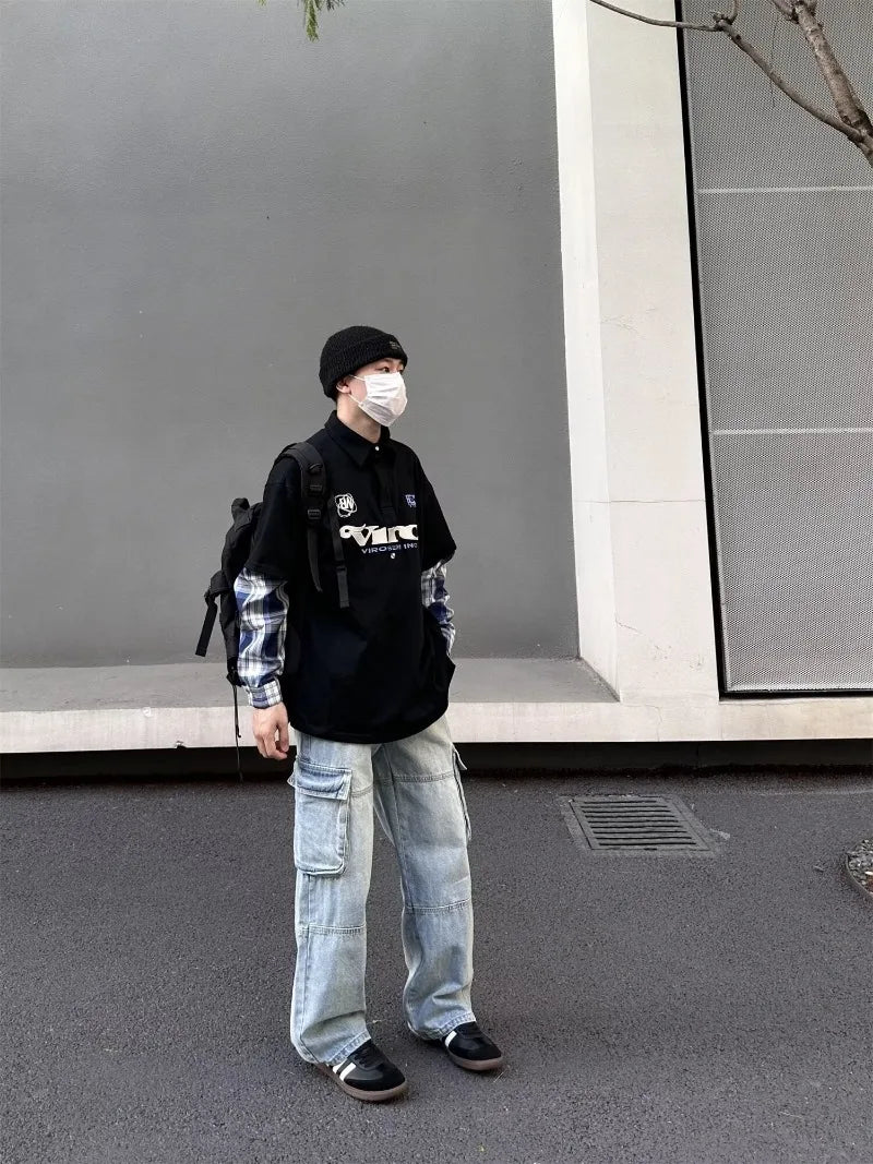 street japanese mens set embroidered fake two piece patchwork tops hip hop washed jeans 2 piece harajuku suits y2k streetwear unique jeans style 4762