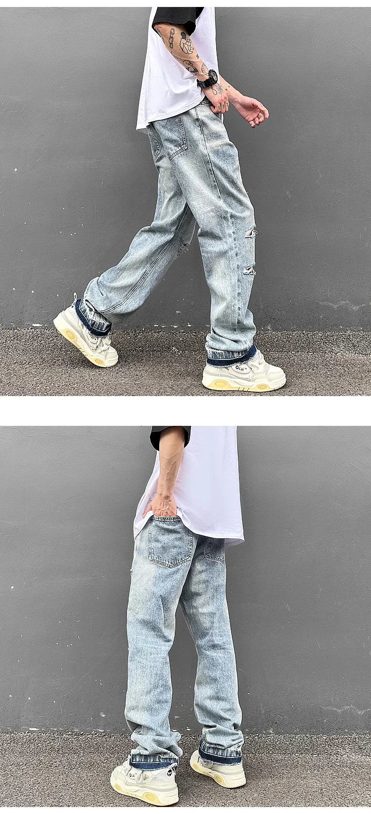 destroy ripped holes high street pants mens casual harajuku zipper straight trousers hip hop fashion streetwear baggy joggers unique joggers style 2169
