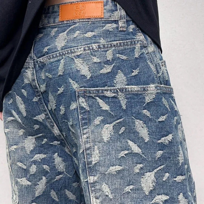 men jacquard loose casual hip hop vibe splice pocket denim baggy jeans pants man streetwear ripped jeans trousers boyfriend unique jeans style 3140