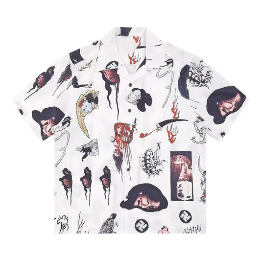 Vintage Japanese Graffiti Printed Short Sleeve for Men Oversized Lapel Hawaiian Shirt