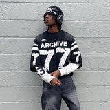 Trendy Brand Alphanumeric Printing Oversized Splicing Long-sleeved Men Y2k Street Hip-hop Rock Casual Retro Pullover Women