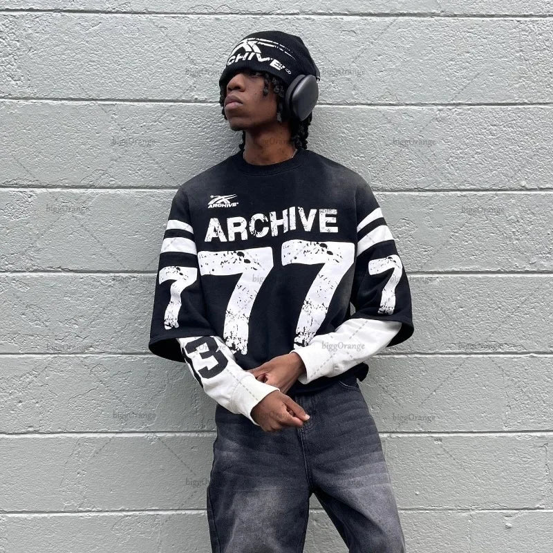 Trendy Brand Alphanumeric Printing Oversized Splicing Long-sleeved Men Y2k Street Hip-hop Rock Casual Retro Pullover Women