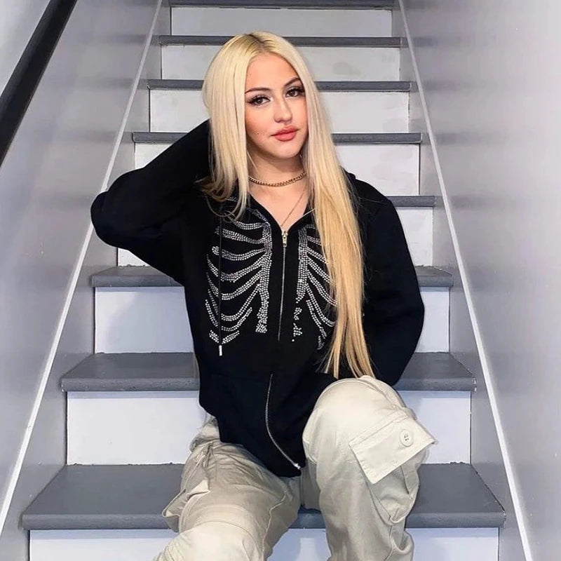 Y2K Rhinestone Skeleton Hoodies Women Gothic Black Zip Up Oversized Sw
