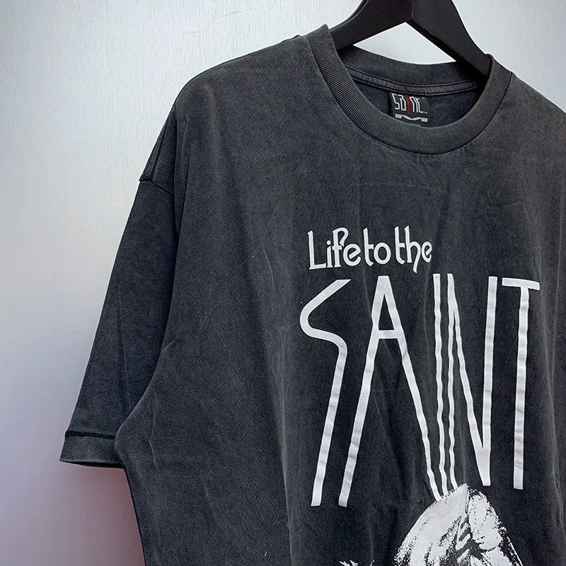Skatercore Top – Saint T Shirt Men Woman 2024Ss High Quality Wash Black Skull – Urban Streetwear for Men & Women