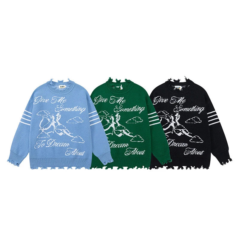 varsity flame pullover for men with bold graphic knit design, perfect for 2025 fashion, street fashion menswear trend for sea
