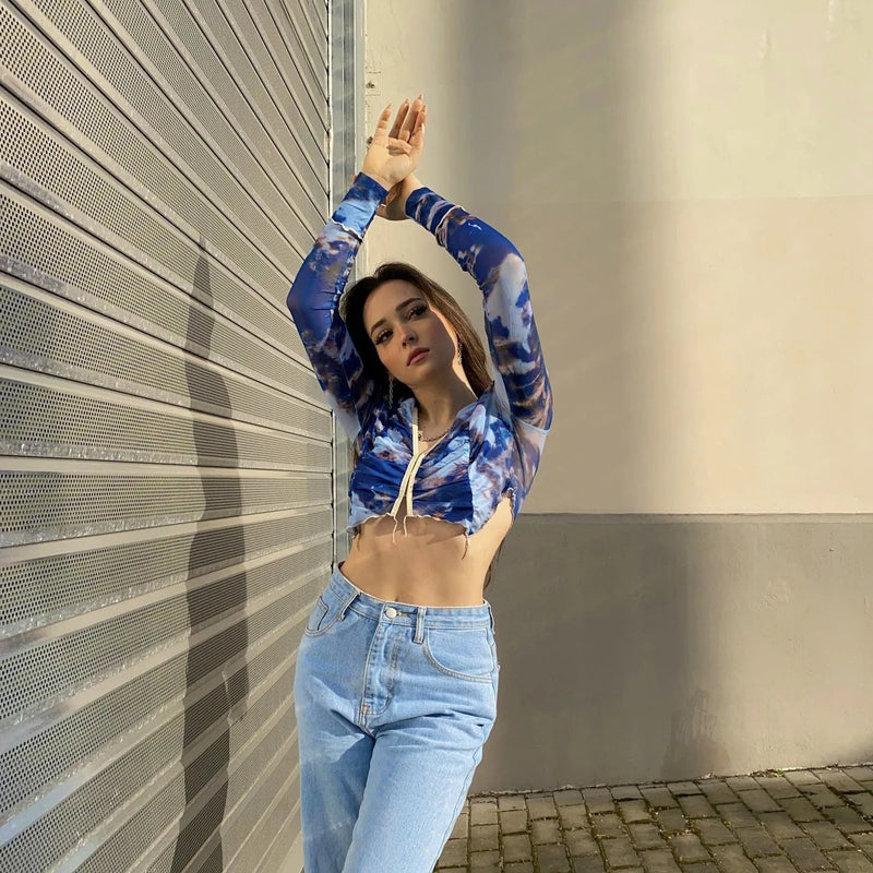 Spring Aesthetic Vintage Blue Tie Dye Elastic Slim Sexy Crop Tops Long Sleeve Hollow V-neck Woman Tshirts Streetwear Hot Girl