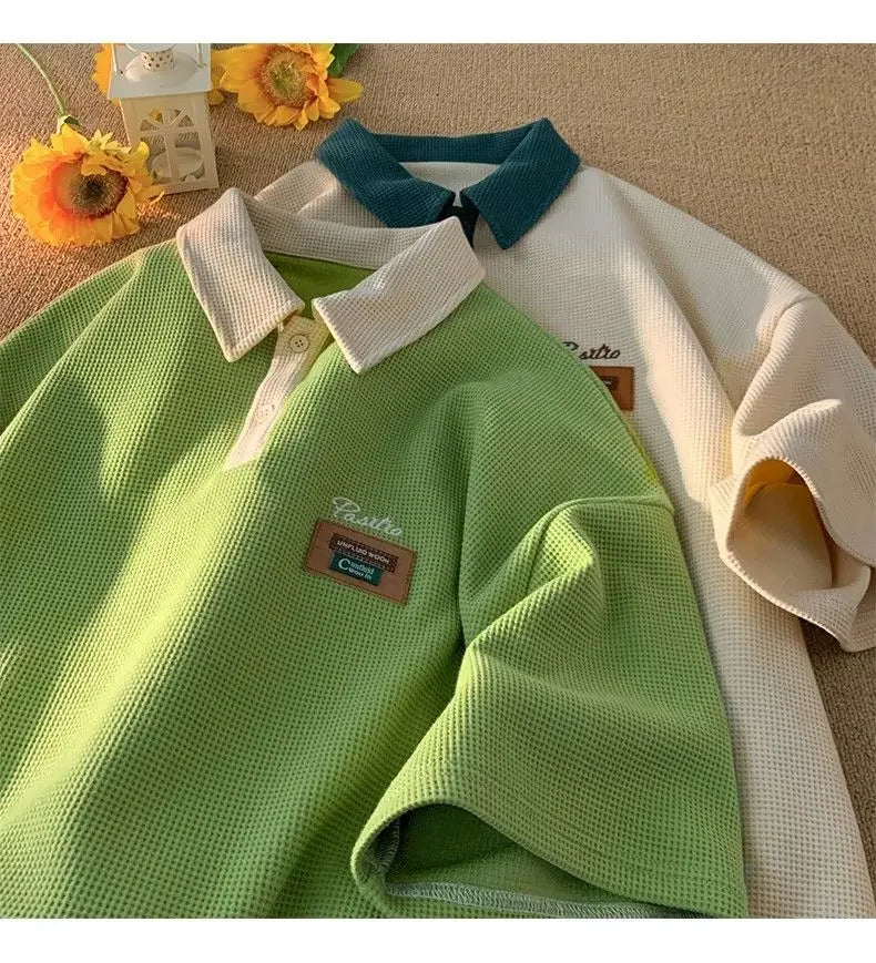 Hip Hop American Street Men and Women Trendy Personality Polo Shirt Short sleeved Summer Waffle Vintage Casual