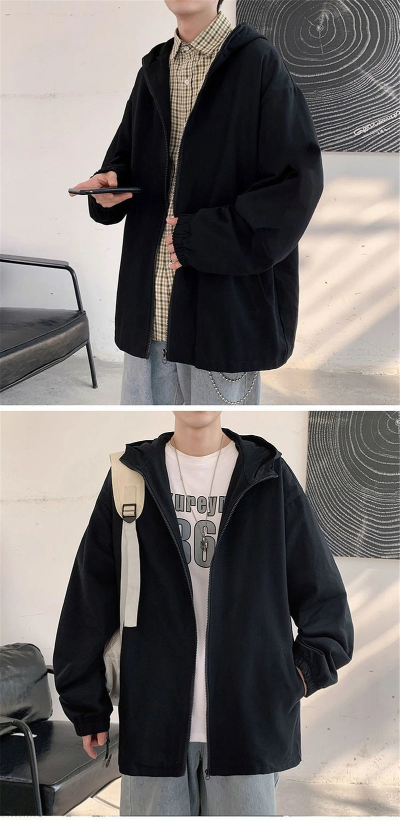 Black Cat Print Baseball Jacket Boys Long Sleeve Loose Ins Harajuku Hi