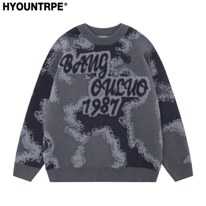 fashion contrast color knitted sweater unisex harajuku sweater casual letters pullover streetwear loose sweaters jumper knitwear trendy hip hop style outerwear, Y2K vintage urban hoodie, unique limited edition hoodie