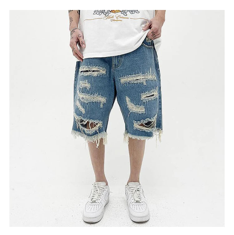 Mens Fashion Denim Jean Shorts Summer Casual Destroyed Ripped Destressed Holes Loose Shorts Hip Hop Streetwear Shorts Joggers