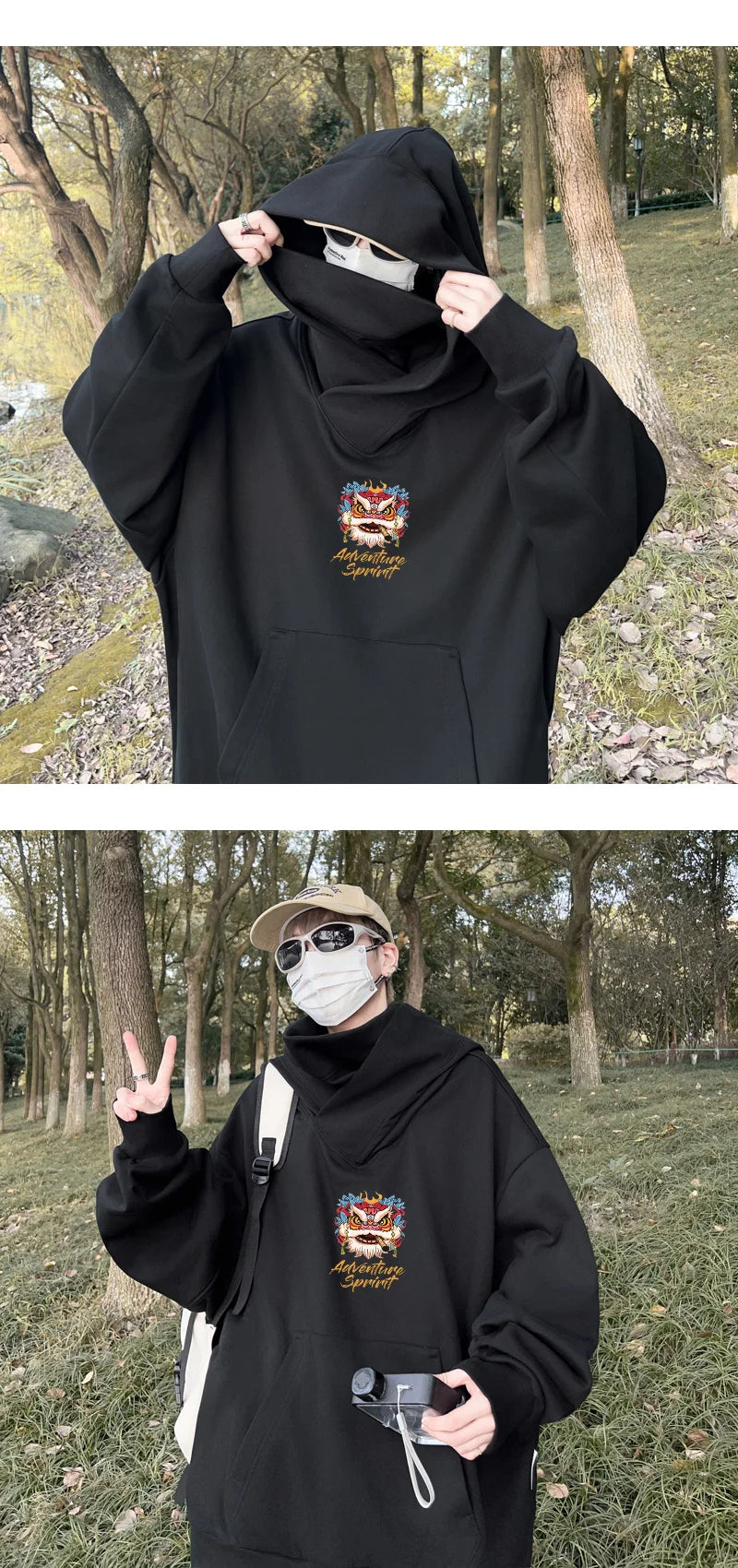 Autumn Lion Dance Graphic Ninja Hoodie Men Fleece Pocket Turtleneck Ov