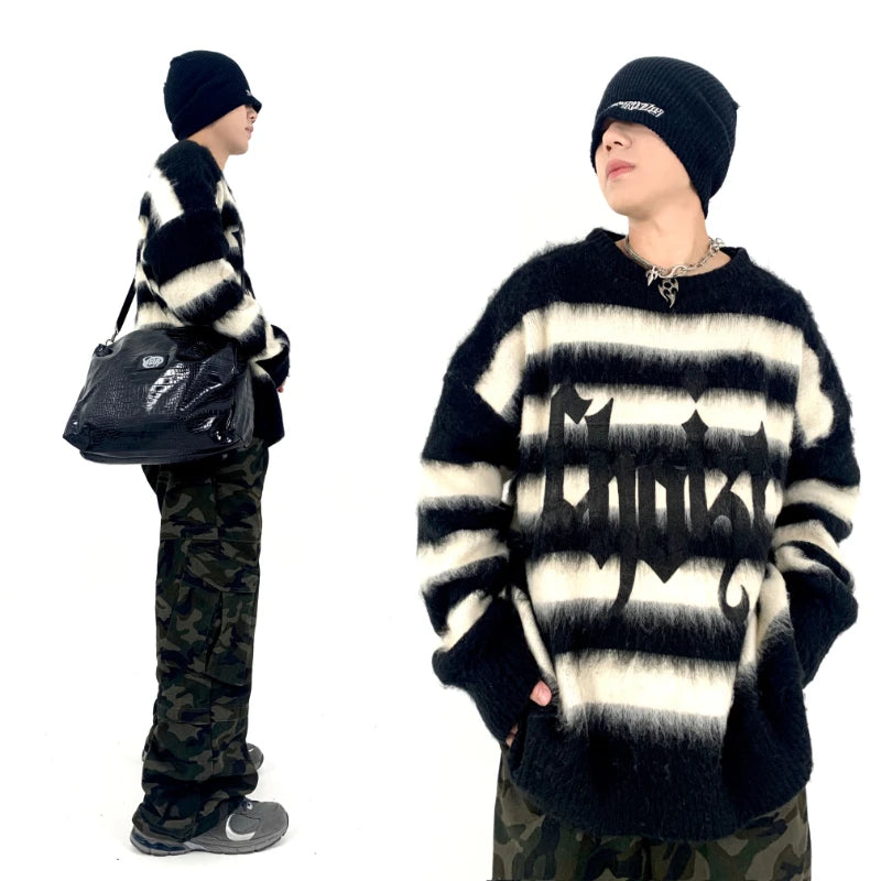 hip hop knitted pullover, bold design pullover, cozy fashion fit, stylish street outfit, modern aesthetic appeal