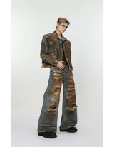 2 pieces sets mens dirty graffiti wide shouder denim jeans jacket coat and ripped holes wide legs pants joggers streetwear sets unique joggers style 4552