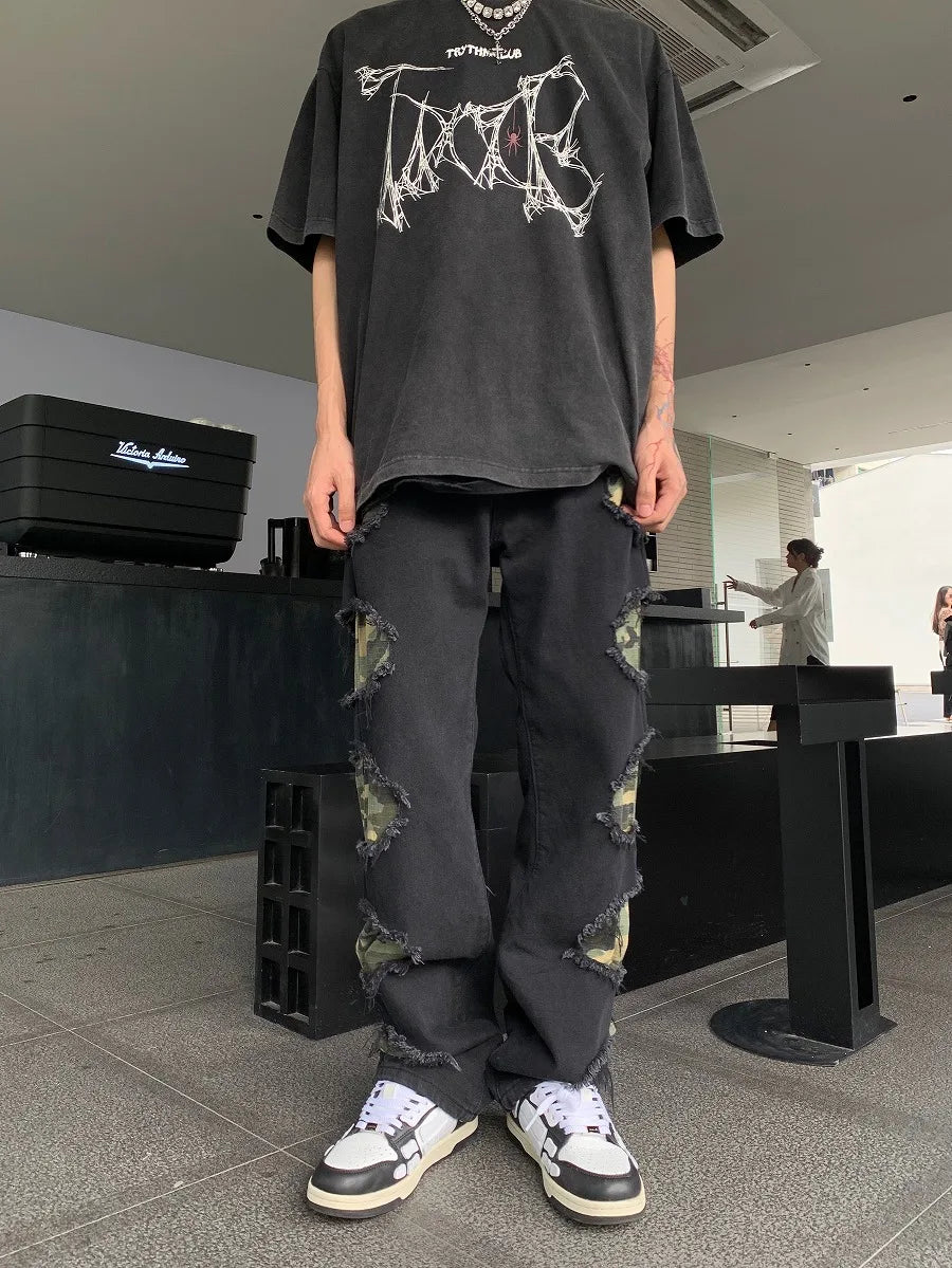 side destroyed ripped holes denim jeans pants mens casual patchwork camouflage loose straight joggers hip hop streetwear jeans unique joggers style 4084