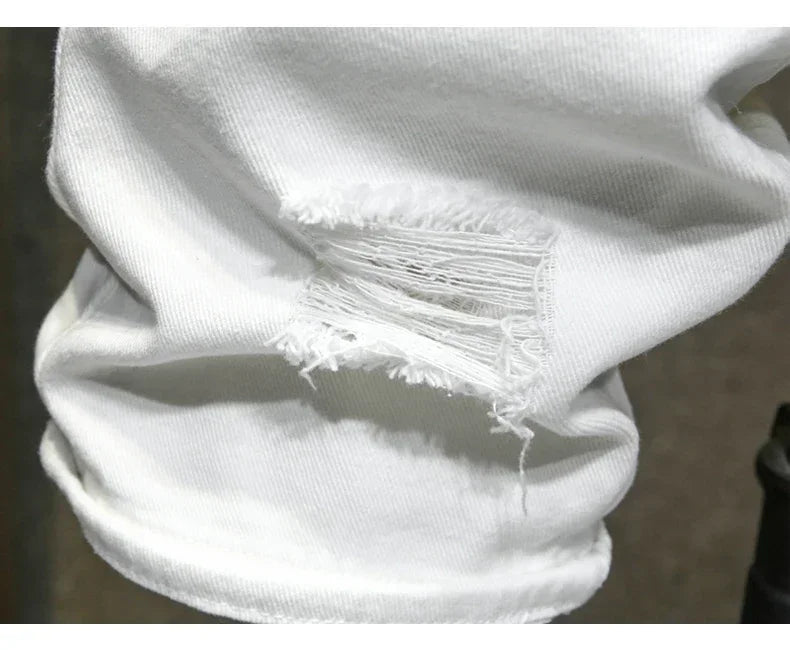 new white jeans shorts men fashion ripped knee length pants simple casual slim hole denim shorts male streetwear unique jeans style 1193