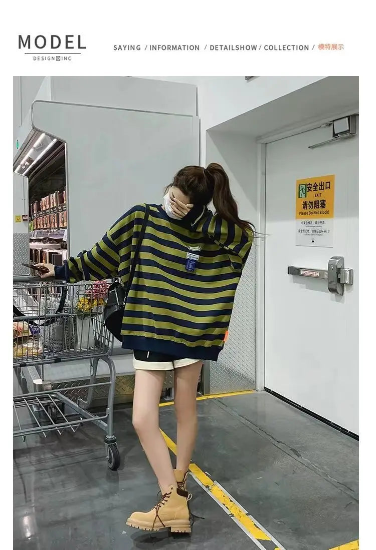 Original Korean New Style Loose Striped Sweatshirt American Harajuku C