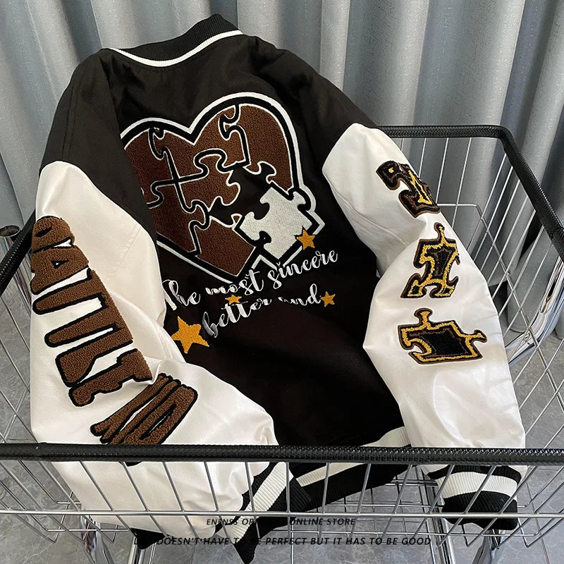 panel varsity outerwear, 2025 trend, for men, fall streetwear outfit, oversized style, layered fashion, modern aesthetic, graphic detail