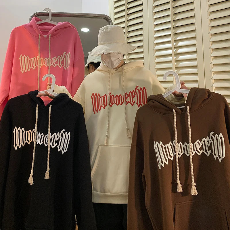 Autumn Vintage Gothic Letter Foam Printed Hooded Sweatshirts Hombre