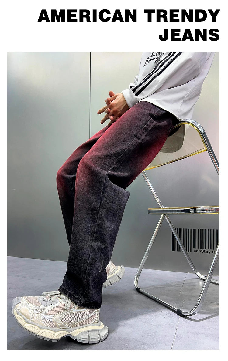 2024 spring autumn high street wide leg denim pants men render red loose straight jeans y2k fashion streetwear baggy trousers unique jeans style 4414