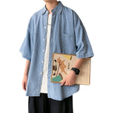 2023 Denim Short-sleeved Shirt Men's Summer Japanese Style Loose And Comfortable Casual Jacket Boutique Clothing Simple Style