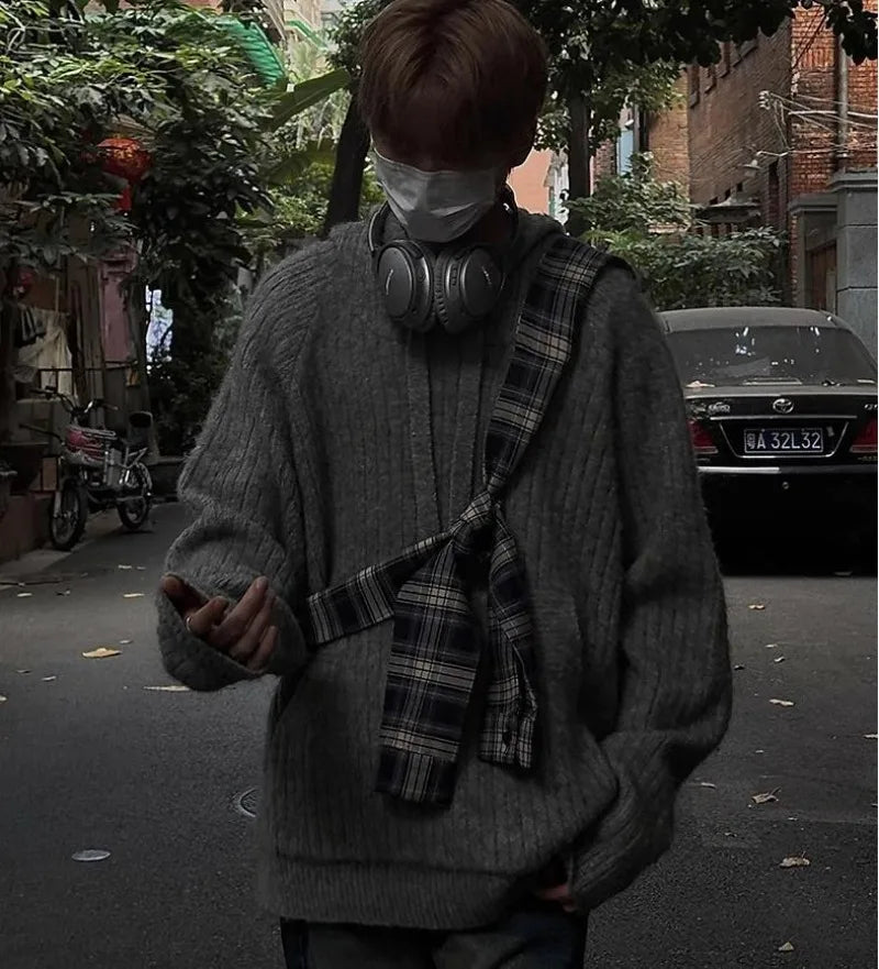 varsity flame knitwear, statement sweater, cozy knitwear for men, oversized grunge aesthetic winter top