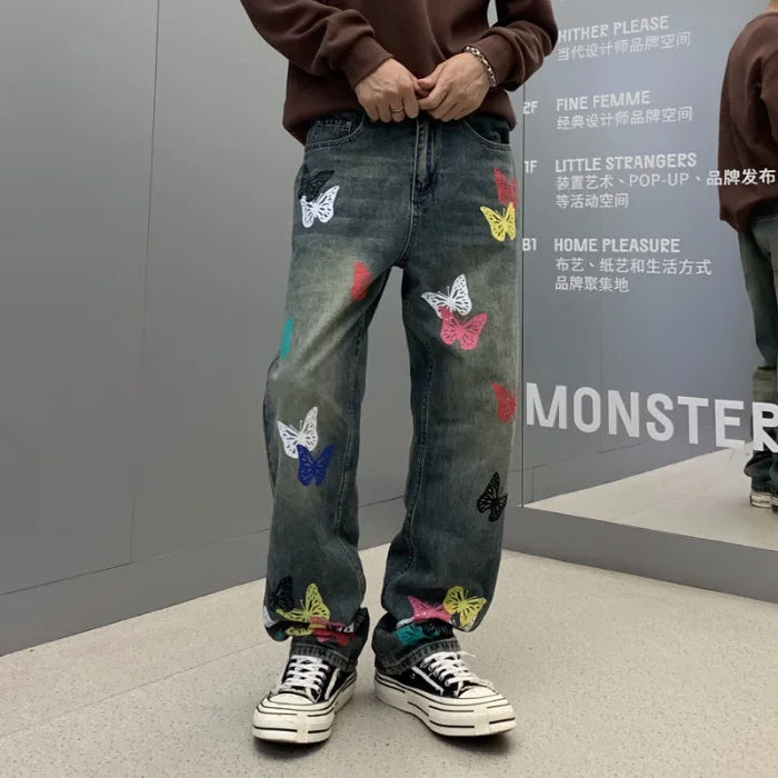 butterfly print jeans men streetwear fashion vibe loose casual hiphop straight washed denim pant jeans cityboy teen trousers unique jeans style 2683