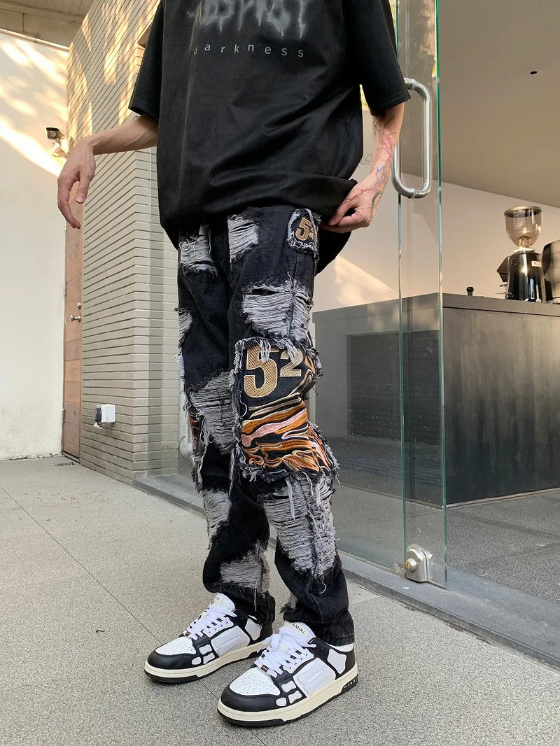 fashion embroidery destroyed ripped tassel holes denim jean pants mens casual loose straight jeans hip hop streetwear joggers unique joggers style 4342