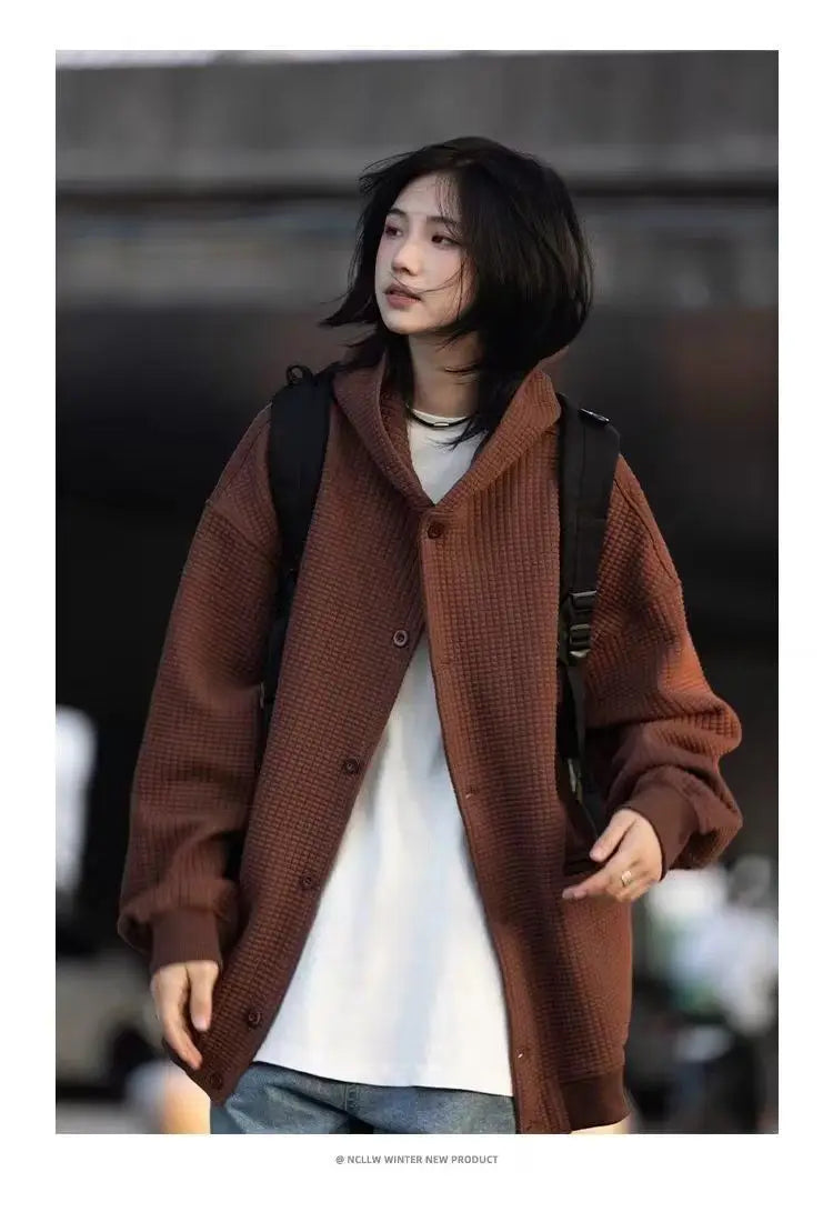 Korean Retro Y2K Waffle Hooded Jacket for Men and Women Ins Harajuku Style Casual Loose