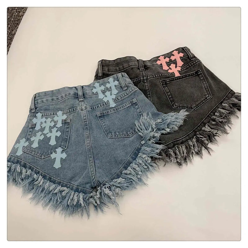 Raw Edge Fringe Gothic Style Denim Shorts Female Summer American Street High Waist Design Sense Casual A Word Super Short