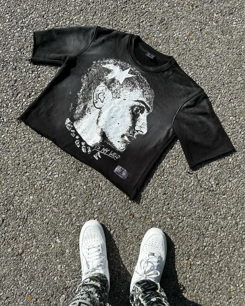 American High Street Fashion Cartoon Portrait Printed Oversized T-shirt Women Y2k Goth Harajuku Casual Versatile Short-sleeved
