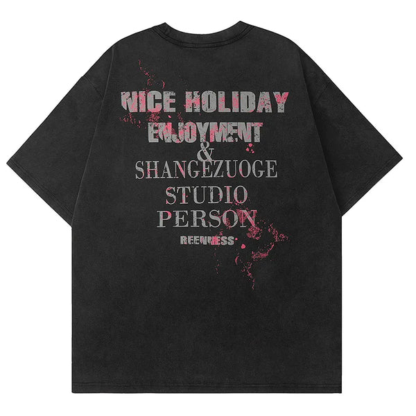 Sadcore Melting smiley – Men Gothic Retro T Shirt Abstract Letter Print Short Sleeved